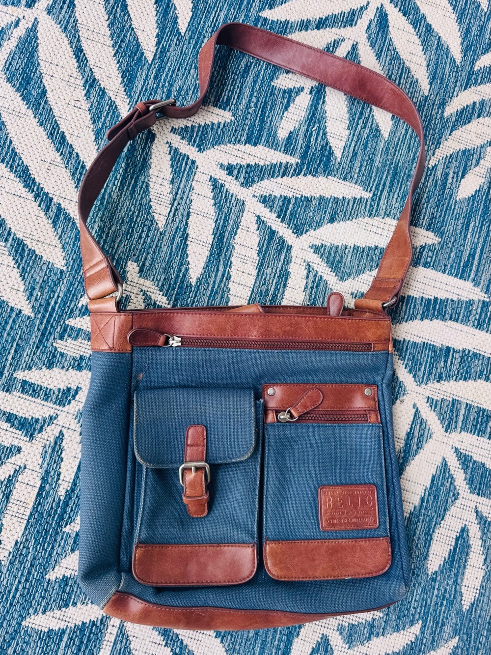 Relic Women’s Blue Canvas & Brown Leather Crossbody Bag